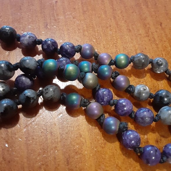 BEAUTIFUL- Handmade Charoite, Larvikite, Rainbow Titanium, Agate, Hemp Necklace - Picture 5 of 5